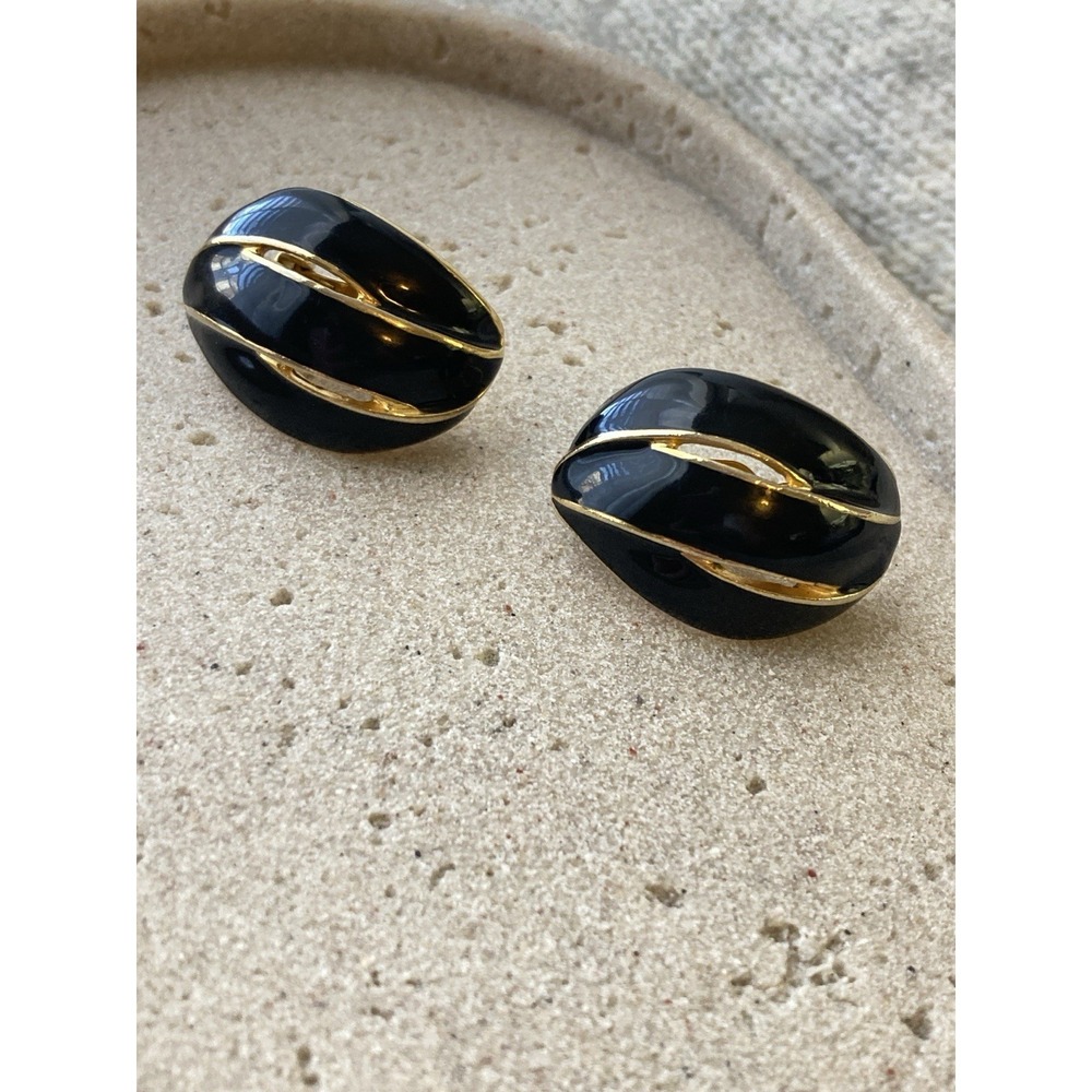 Vintage AVON Black Enamel Clip On Earrings Gold Tone Oval Modernist Couture Glam